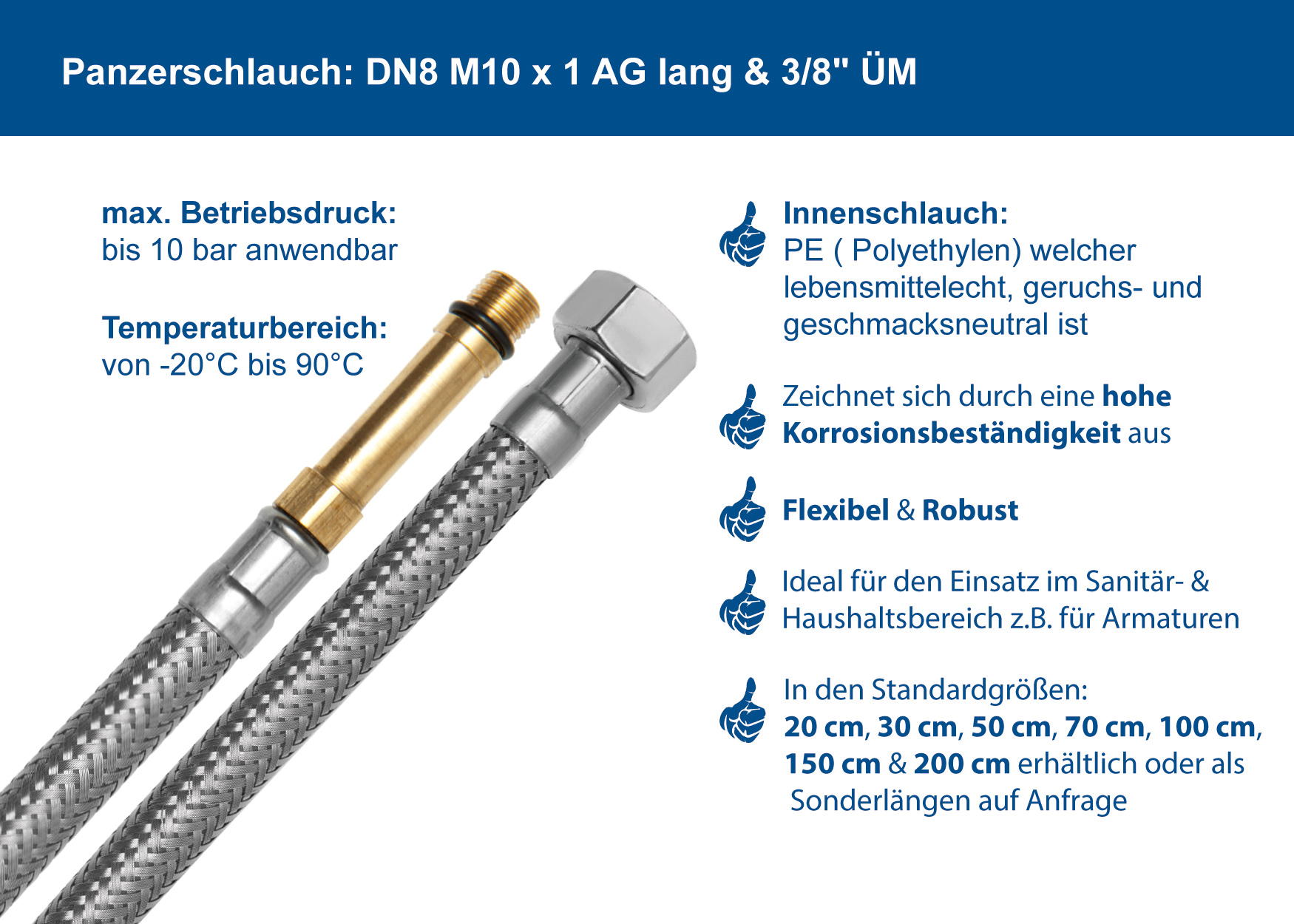 Edelstahl Trinkwasser Panzerschlauch IG/AG 1/2 Zoll DN8 DVGW
