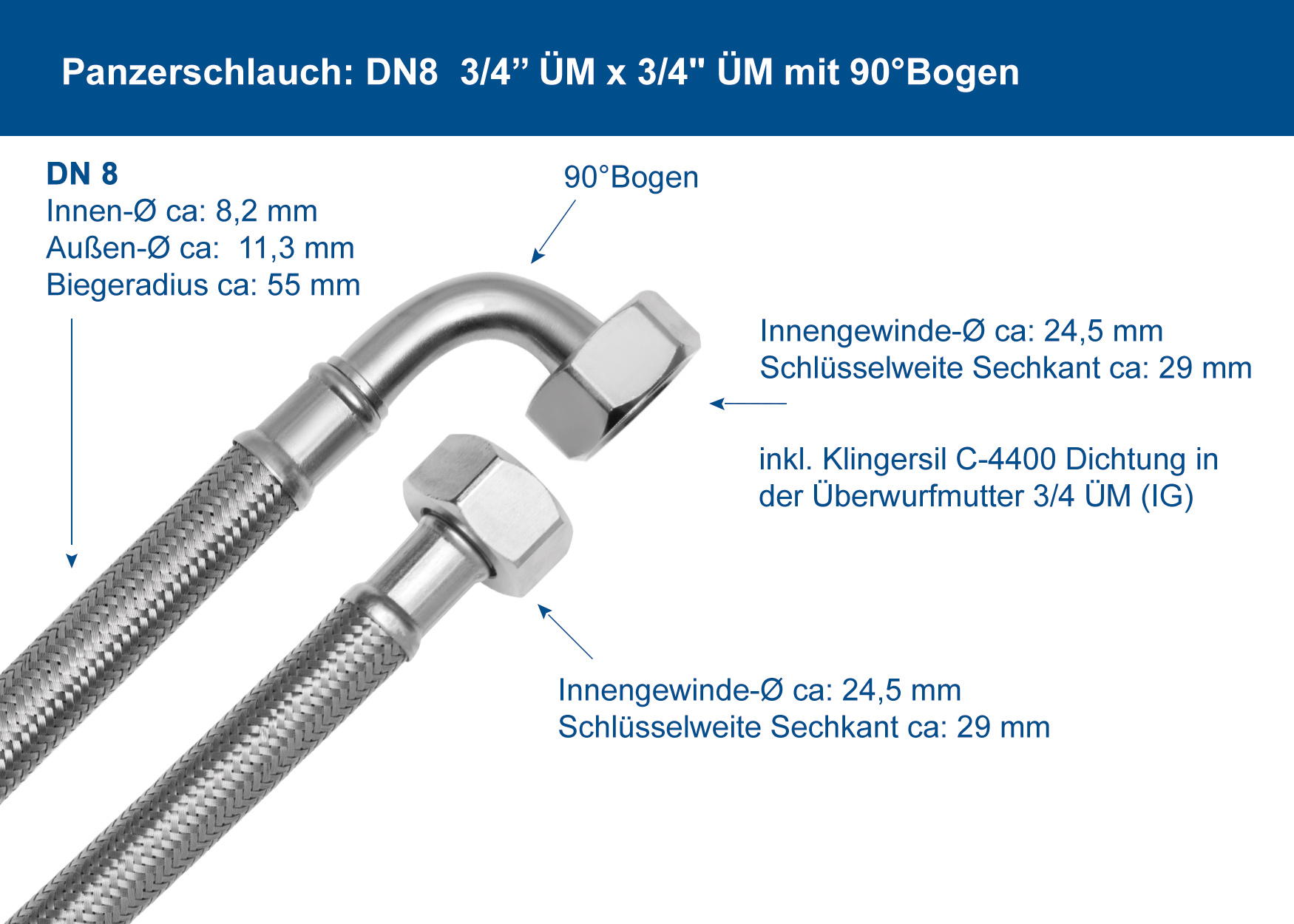 SFX® Waschmaschinenschlauch DN8 - 3/4 ÜM x 3/4 ÜM mit 90° Bogen Edelstahl  Panzerschlauch