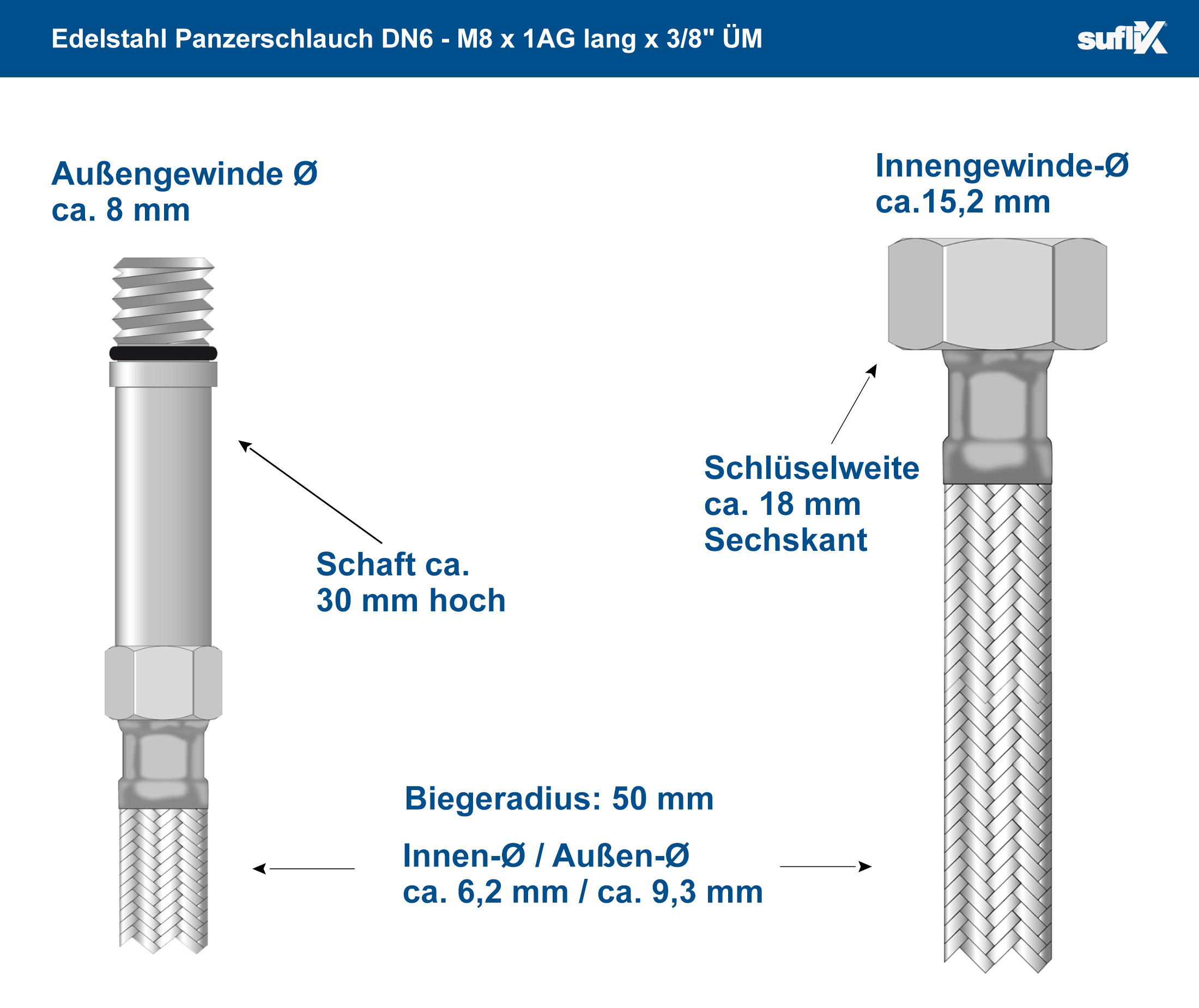 SFX® Flexschlauch DN6 - M8 x 1AG lang x 3/8ÜM Edelstahl