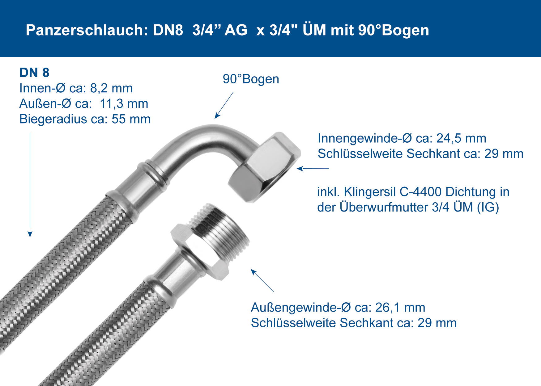 SFX® Edelstahl Waschmaschinenschlauch DN8 - 3/4 AG x 3/4 ÜM & 90